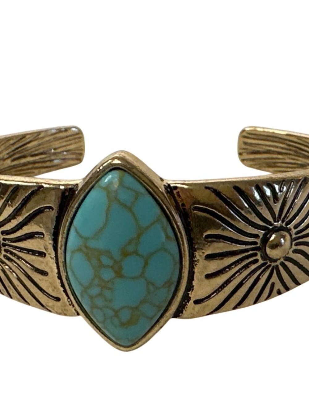 Vintage-Style Cuff Bracelet Turquoise Color Stone & Etched Sunburst Southwestern